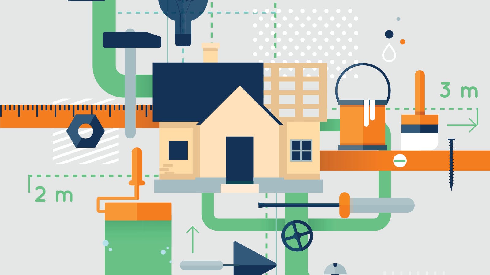 A graphic depiction of the best home improvements for resale. It shows a home with icons of paint, ruler, etc.