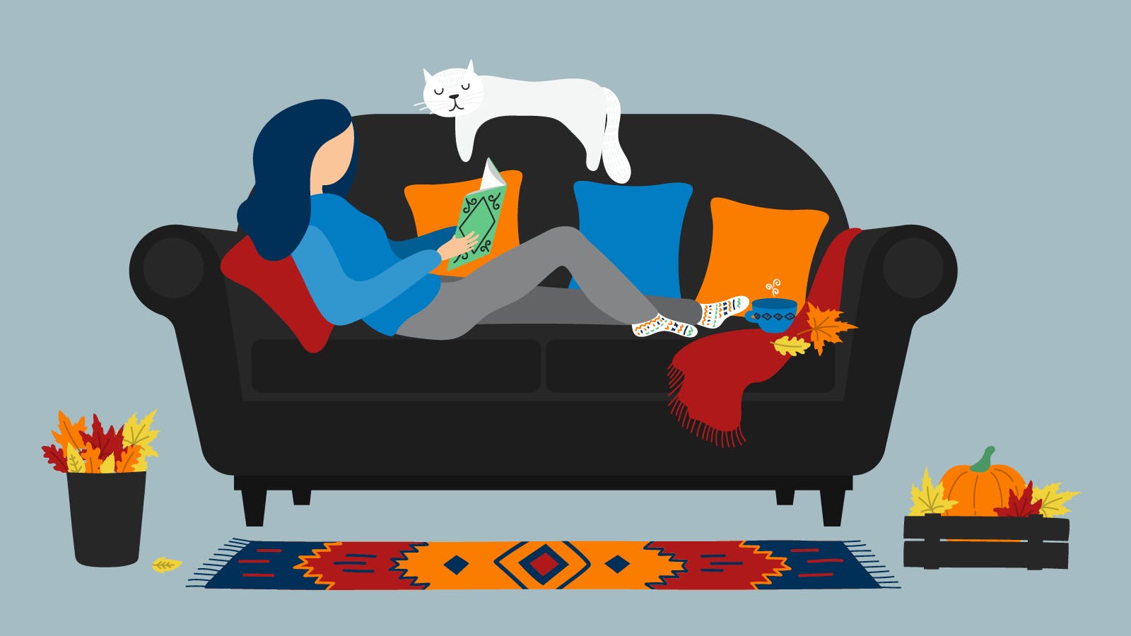 An illustration of a woman on a couch with her cat. She has cozy fall home decor around her, including pumpkins and leaves.