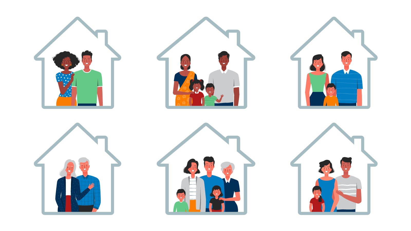 An illustration of different types of families in their homes. It is a grid and is a visual representation of the homeownership gap.