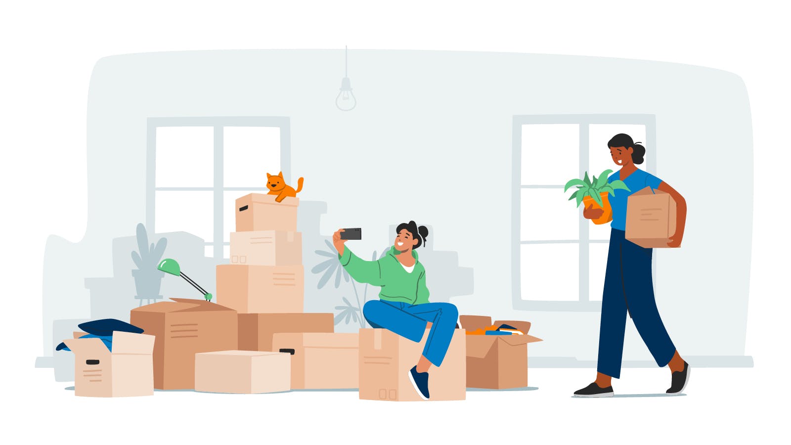 LGBTQIA+ homeowners posing for a picture as they unpack boxes.