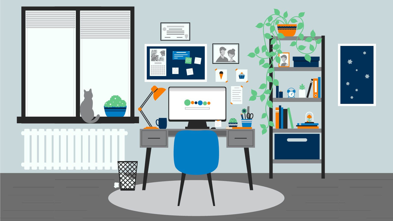 An illustrated homework space with computer, lamp, desk, and chair.