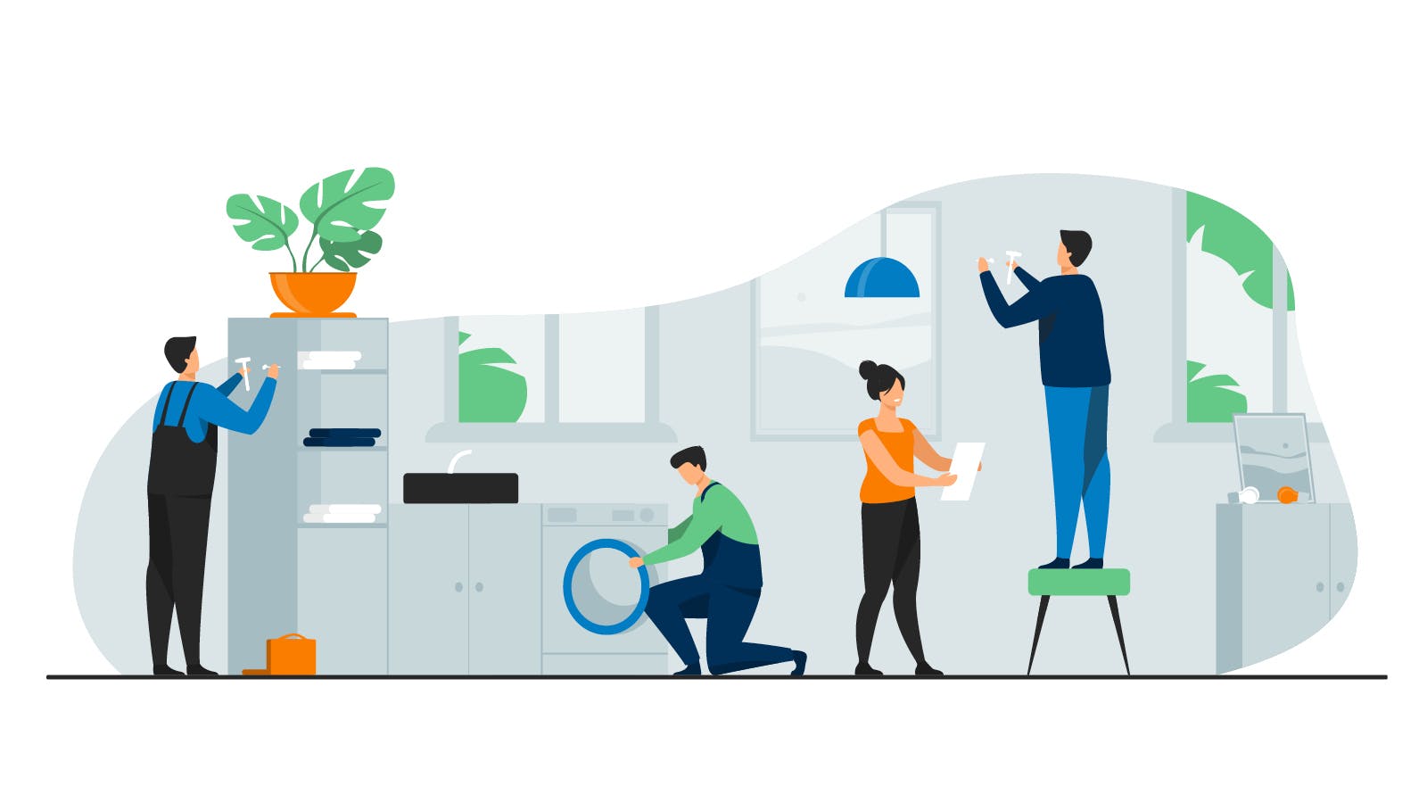An illustration of homeowners doing various things in their homes.