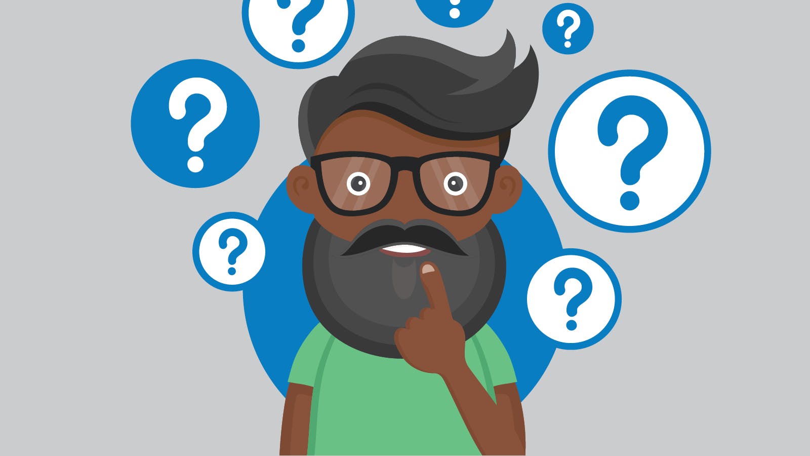 Illustration of a man with glasses and a beard, wearing a green shirt, touching his chin thoughtfully. Blue question marks surround him, suggesting he is puzzled or contemplating something.