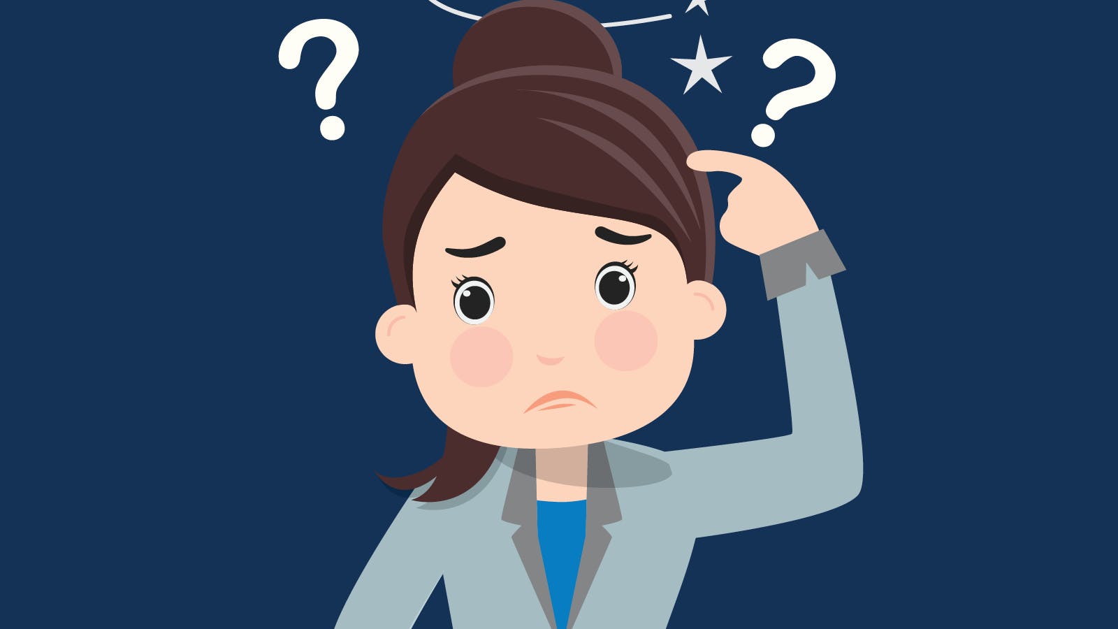 Illustration of a confused woman with a worried expression, touching her head. Question marks and stars surround her head, indicating confusion or uncertainty. The background is dark blue.