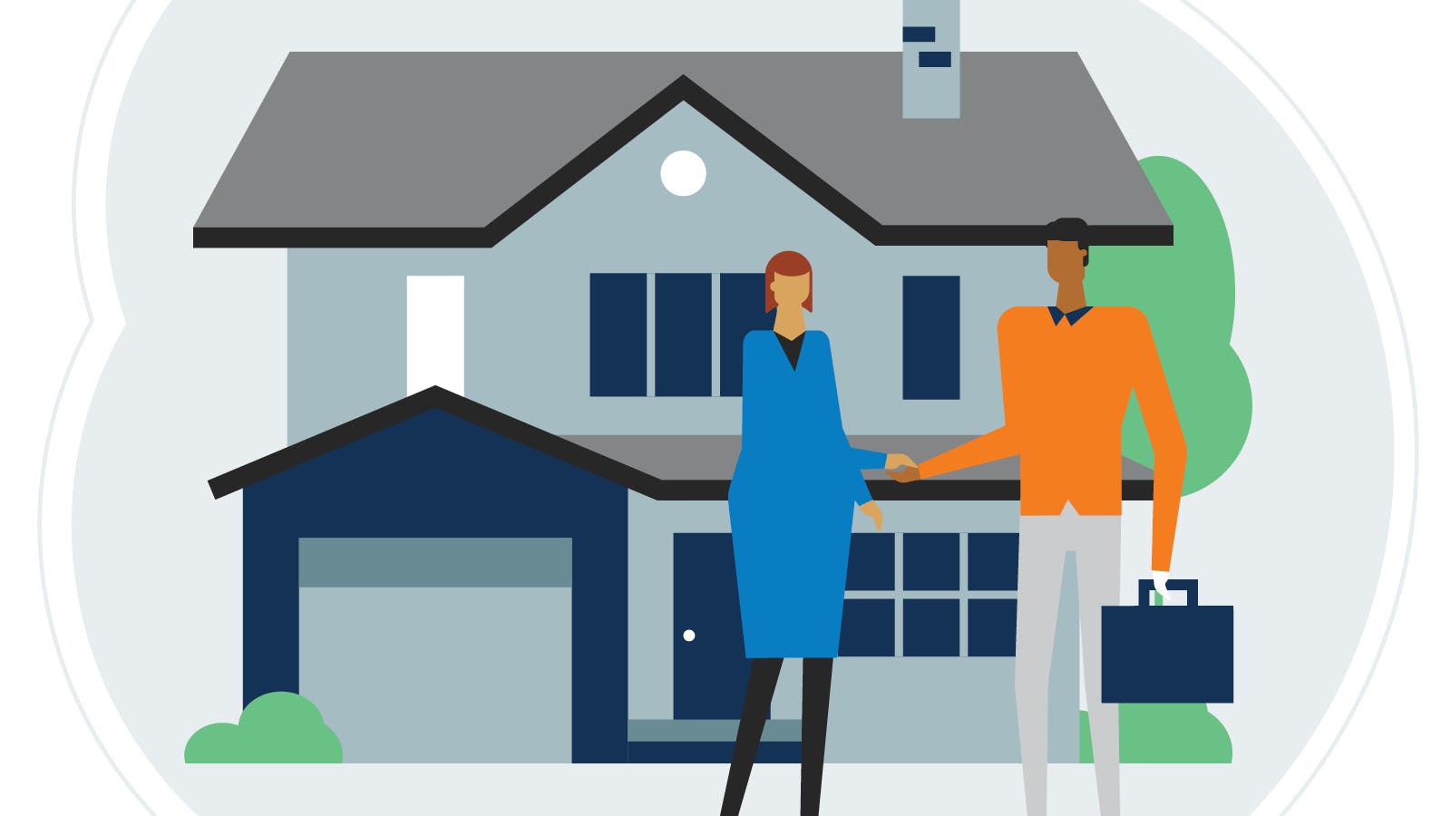 Illustration of a woman and a man shaking hands in front of a two-story house. The man is holding a briefcase, suggesting a business interaction, possibly related to real estate or home buying.