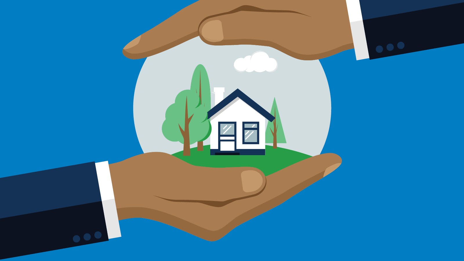 Graphic visualization of someone considering, "is a home warranty worth it?" There are two hands holding a home in a bubble.