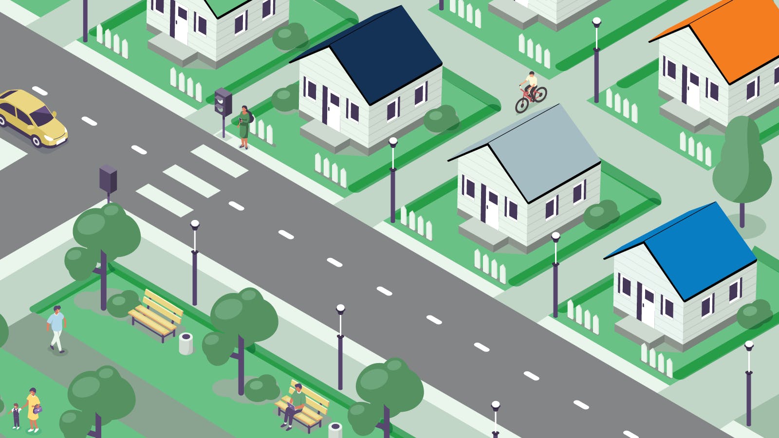 This cartoon depiction of a neighborhood exemplifies things to look for when buying a house. There are people walking around, a yellow car driving by and people in the park.