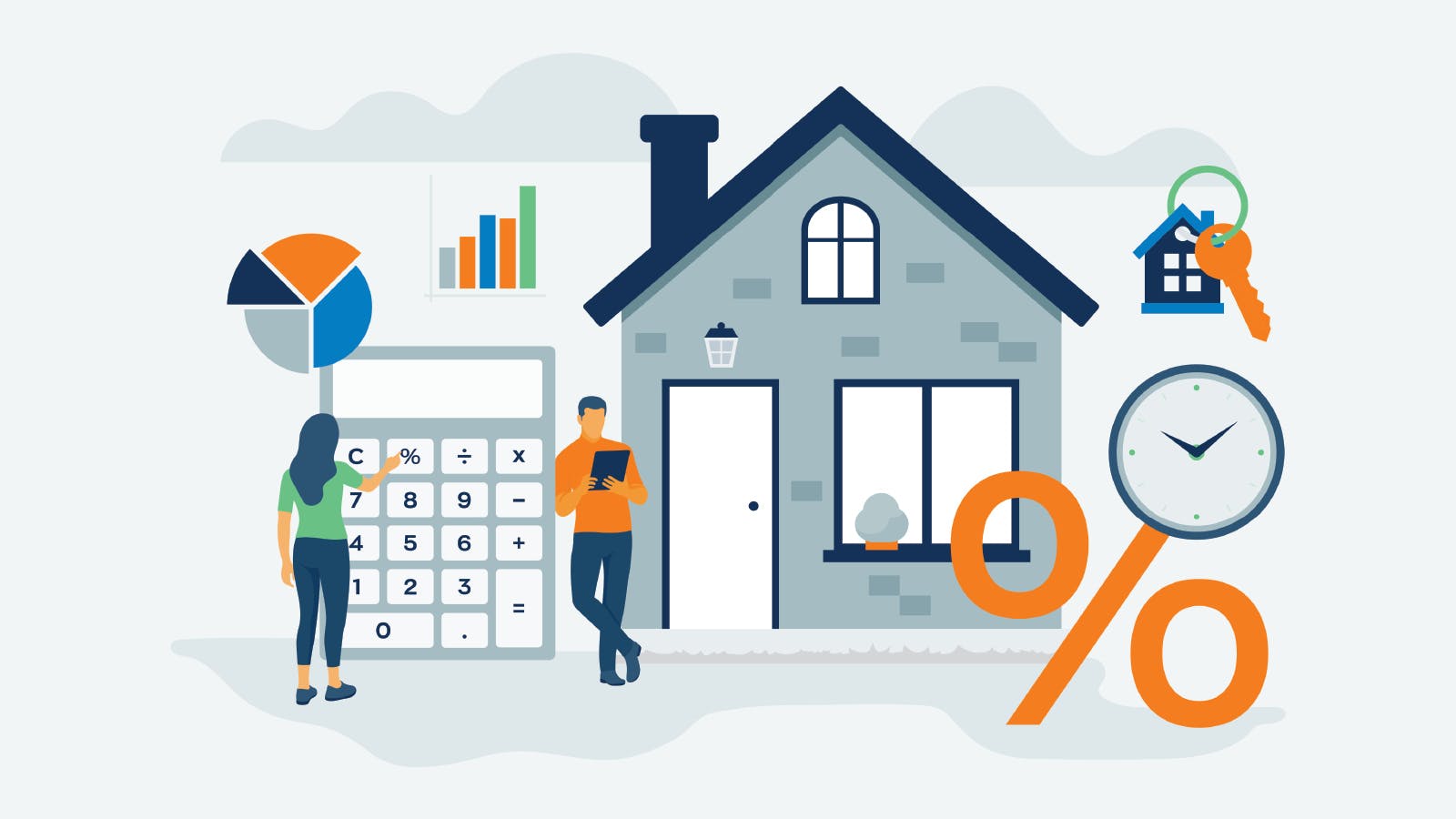 There is one woman in front of a calculator and a man with a tablet. They're both considering new construction vs existing home.