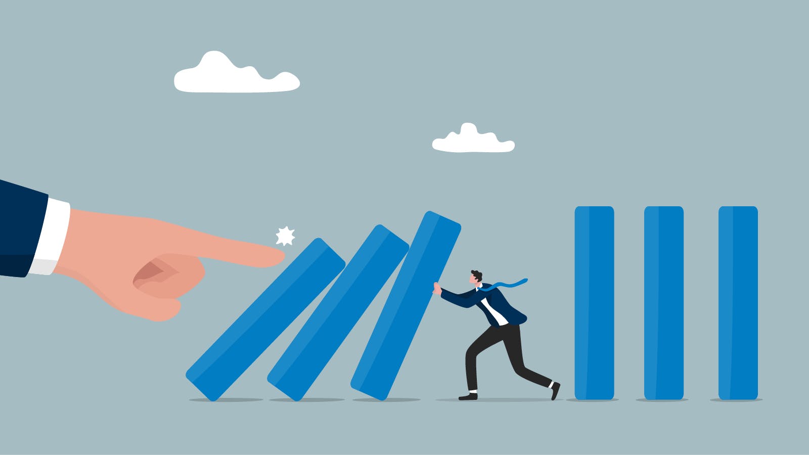 Illustrated image of a hand pushing dominos over with a small person running to catch the falling pieces. The image is an analogy for concerns about whether we're in a housing bubble - like in 2008.