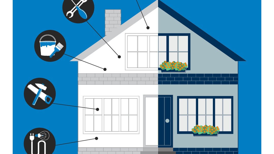 Illustration depicting cold weather home preparation. A cartoon-style house has bubbles with different icons pointing toward it. One has cogs, one has a wrench, one has a paint bucket, one has a hammer and saw, and one has an electrical plug.