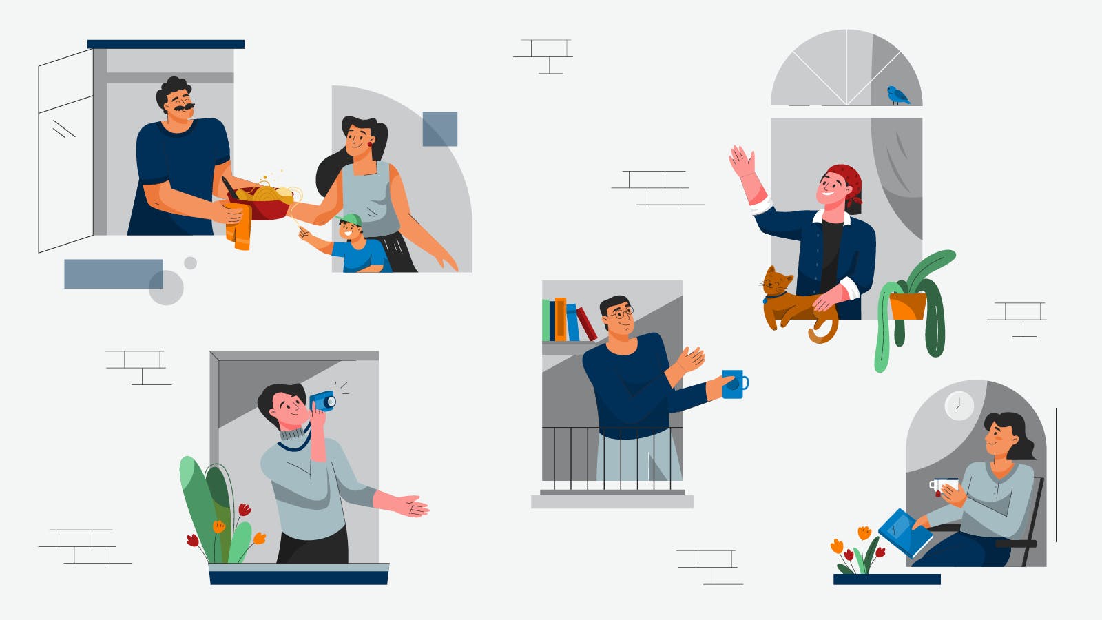 A graphic illustration of people smiling and waving to each other from the windows of a condo or apartment complex. Each one is being the best neighbor they can be.