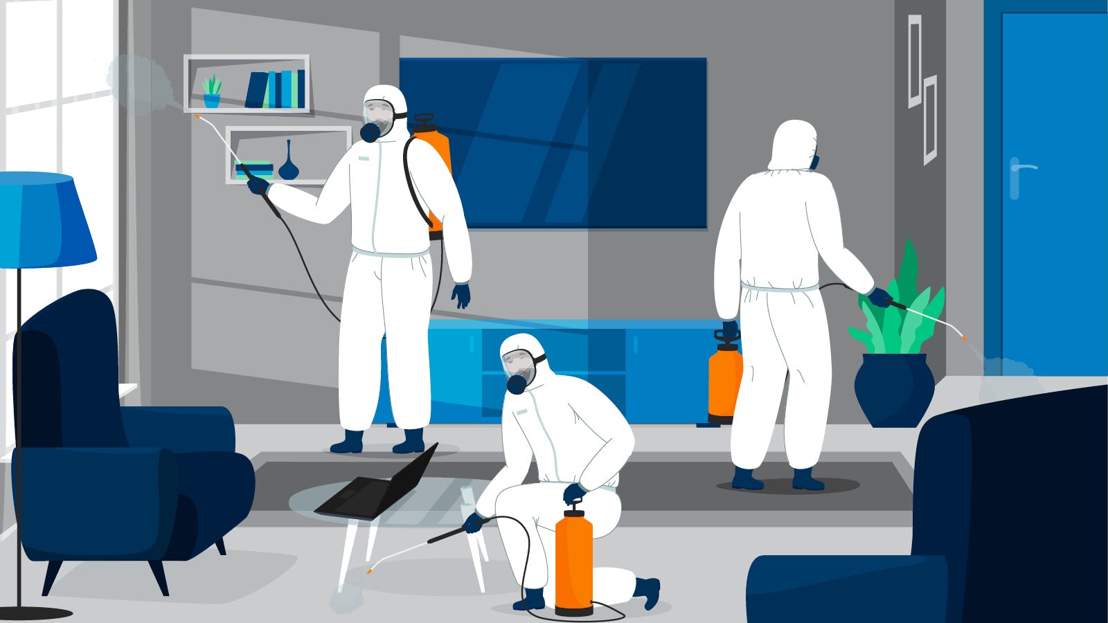 This illustration depicts a pest control team spraying for bugs. It is a visual representation of the central question of the blog, "should I have my house sprayed for bugs?"