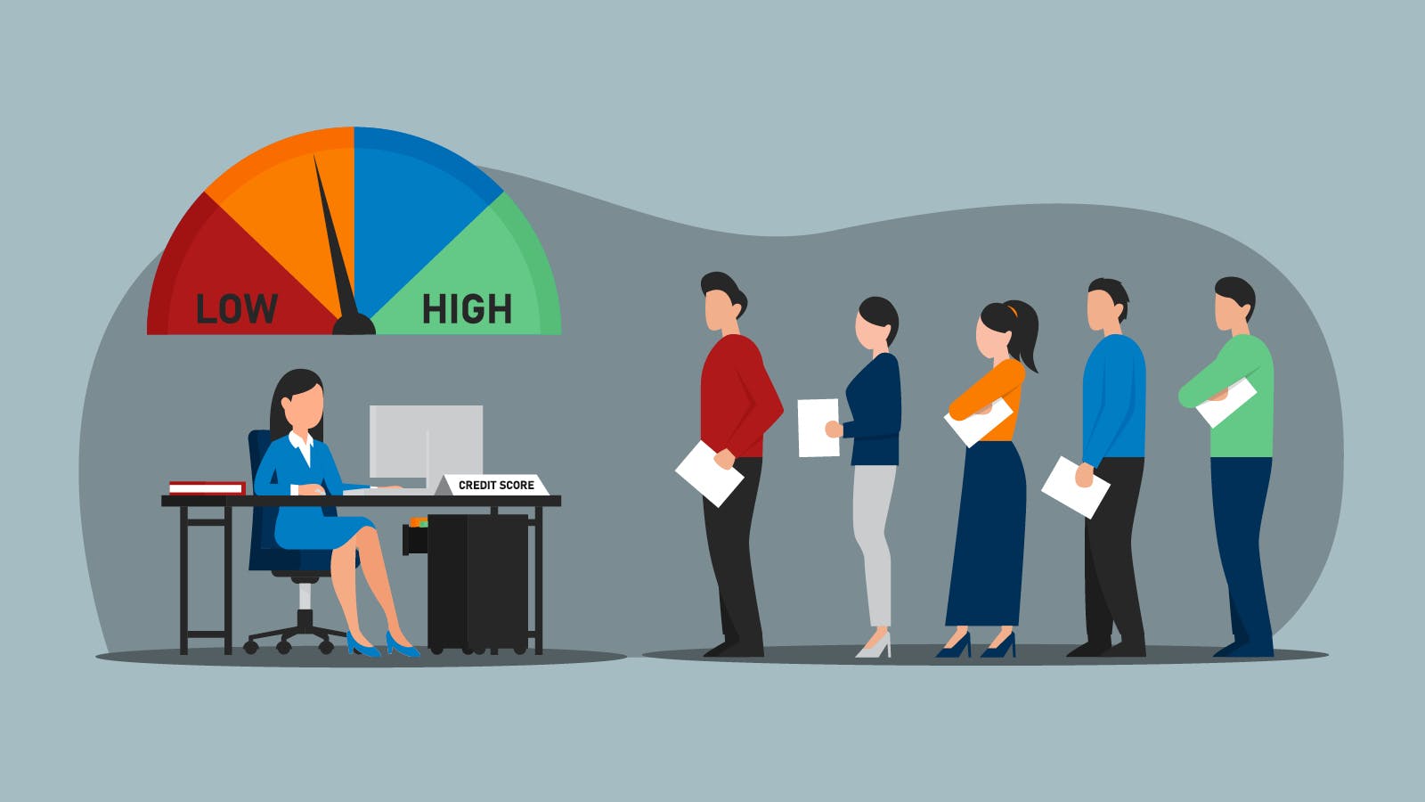 Stylized illustration of people getting home loans for bad credit, including a mortgage broker at a desk with an image of a credit rating at the top and a line of people with applications in hand.