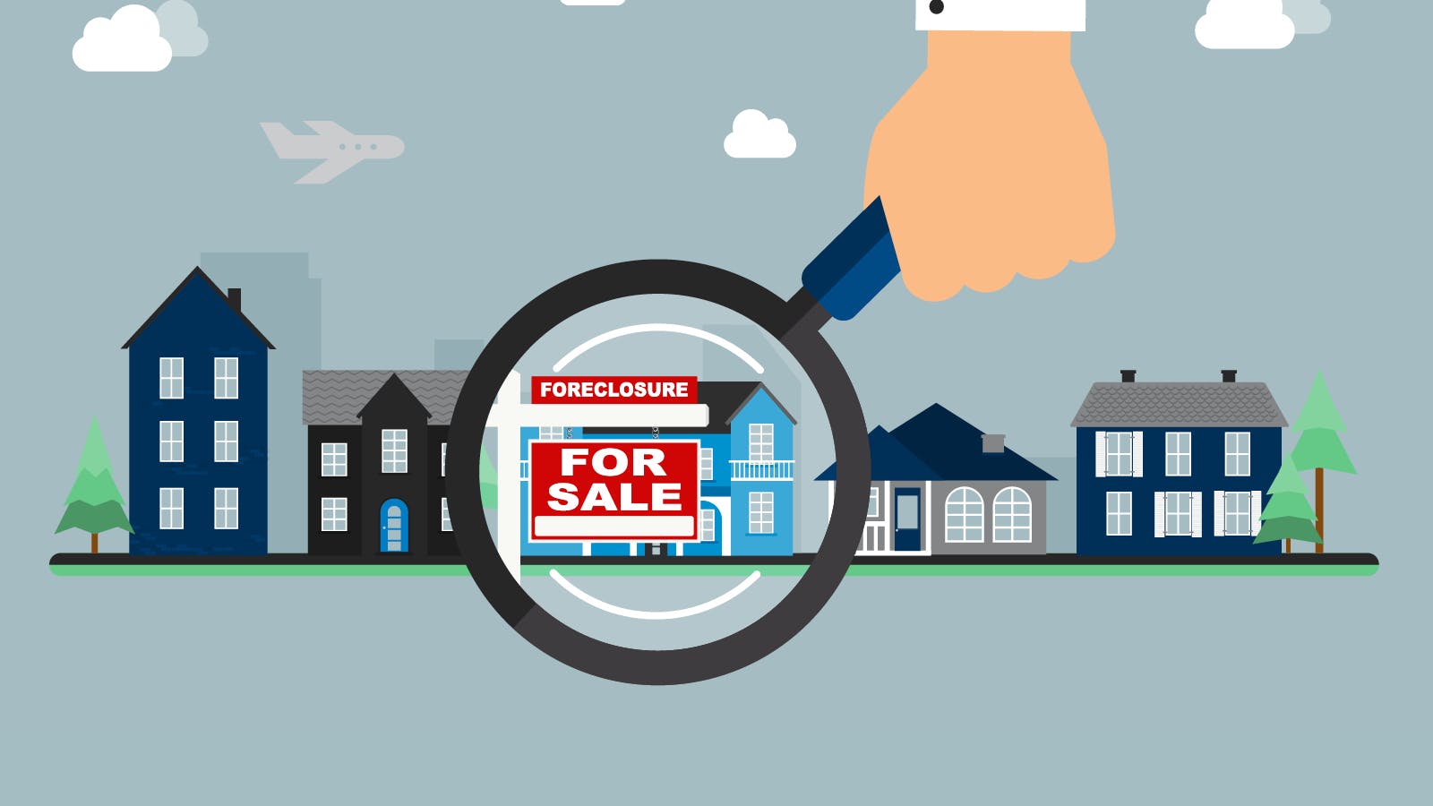 Illustration of the the "buying a foreclosed home" concept. There is a row of homes and a magnifying glass over one of them.