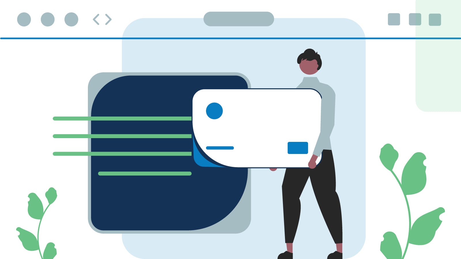 Illustrated graphic of someone who can't pay their income taxes standing in front of a larger-than-life tax bill.