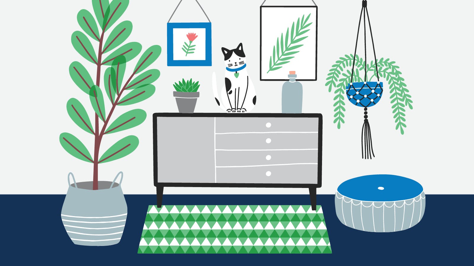 Pet decor ideas illustration with a cat sitting on a side table and a pet bed on the floor