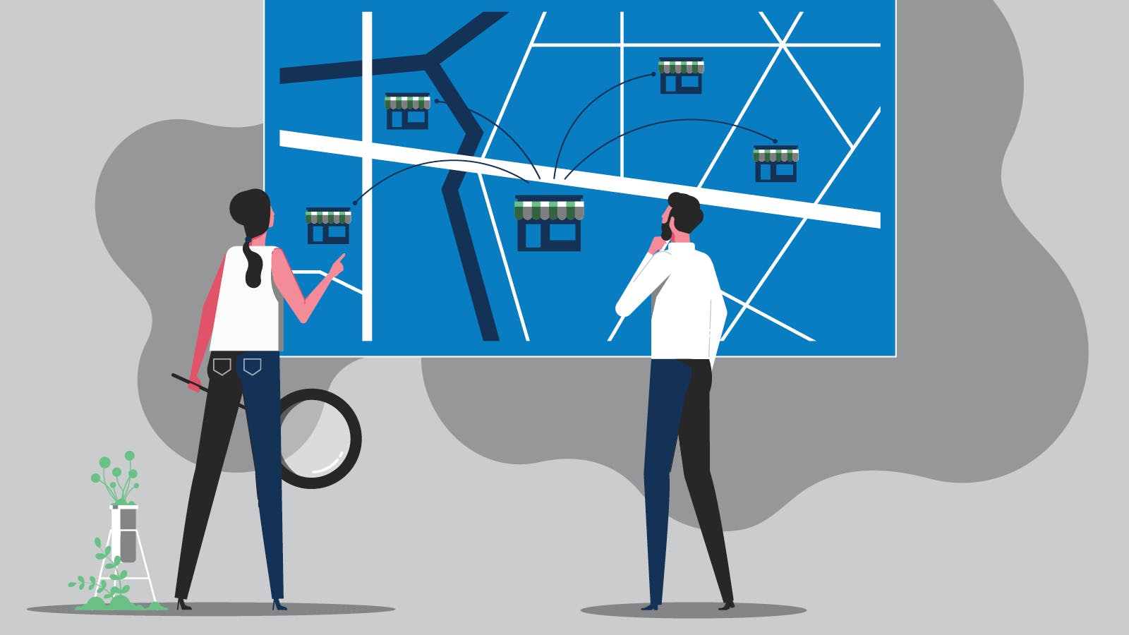 Graphic illustration of how franchises support the American Economy. There are two people looking at a map of franchise locations.