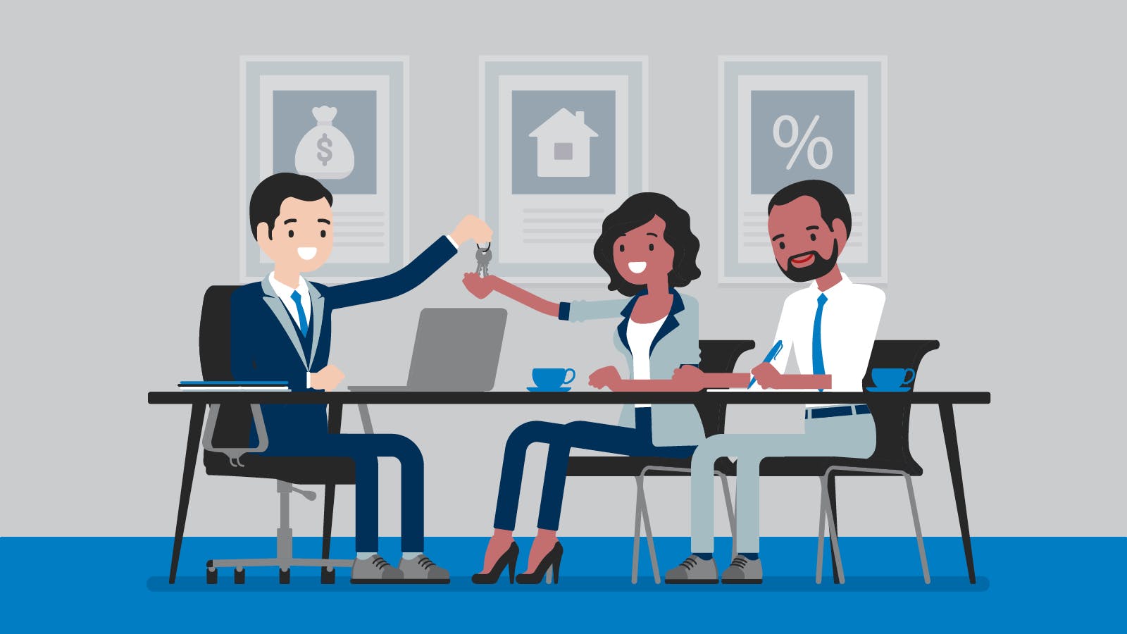 An illustration of a couple learning about managing their personal loan repayments effectively with a financial expert