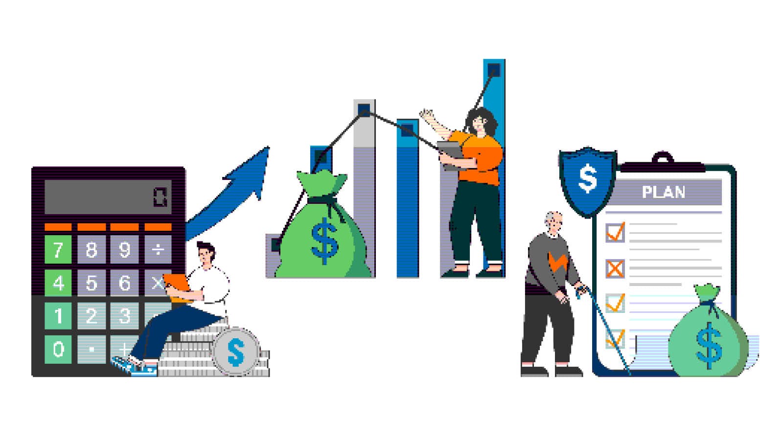 An illustration of building wealth with people standing near graphs and calculators