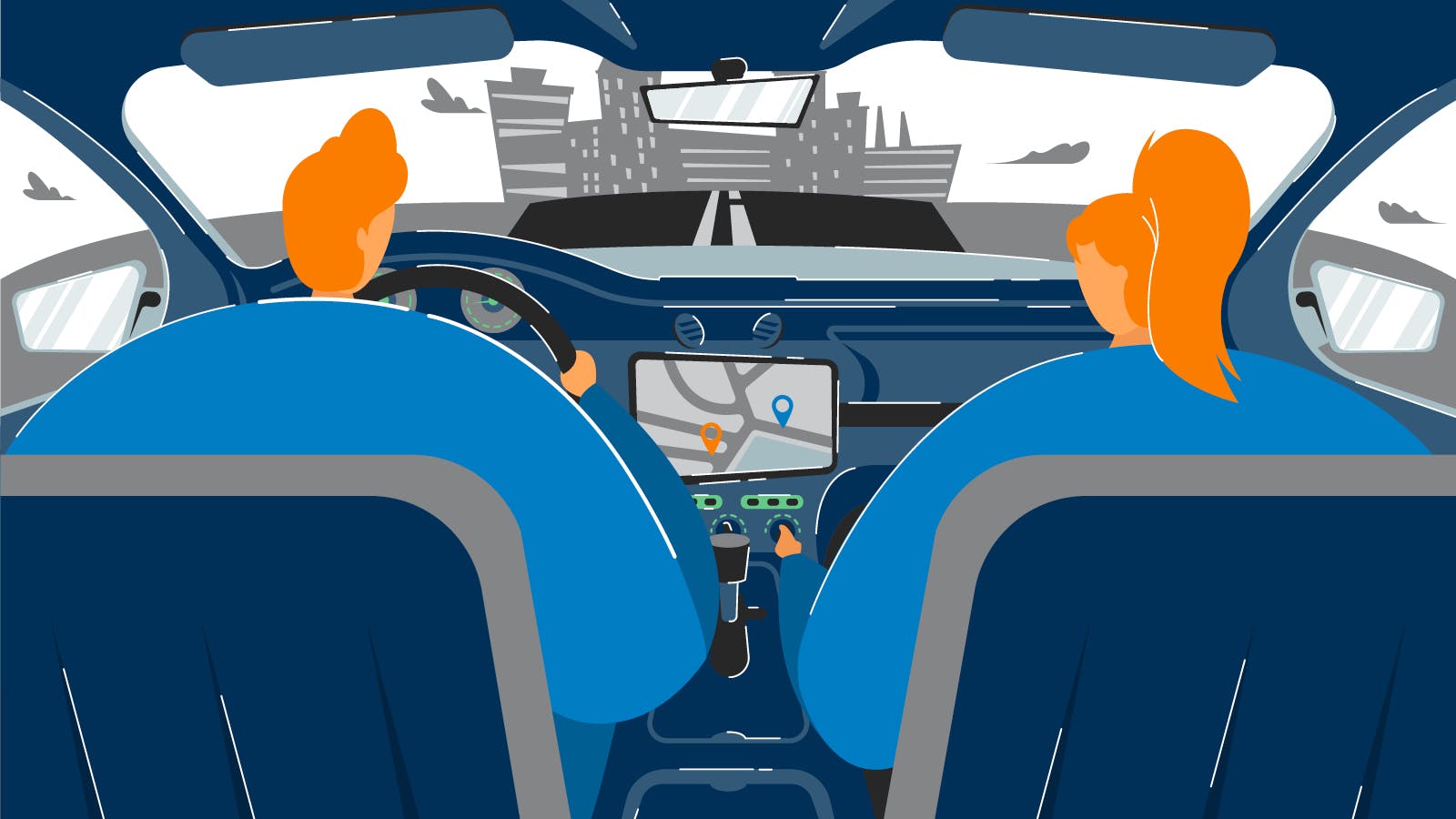 Two people in a car figuring out how to set a car clock.