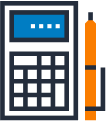 Basics Illustration of a calculator with a blue display next to an orange pen. The calculator has a numeric keypad and a rectangular shape.