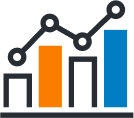 credit A bar chart with four vertical bars of different heights, two bars in orange and gray, and the tallest one in blue. A black line graph with circular data points connects the tops of the bars.
