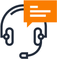 support Minimalist icon of a headset with microphone, accompanied by an orange speech bubble containing white lines, symbolizing customer support or communication services.